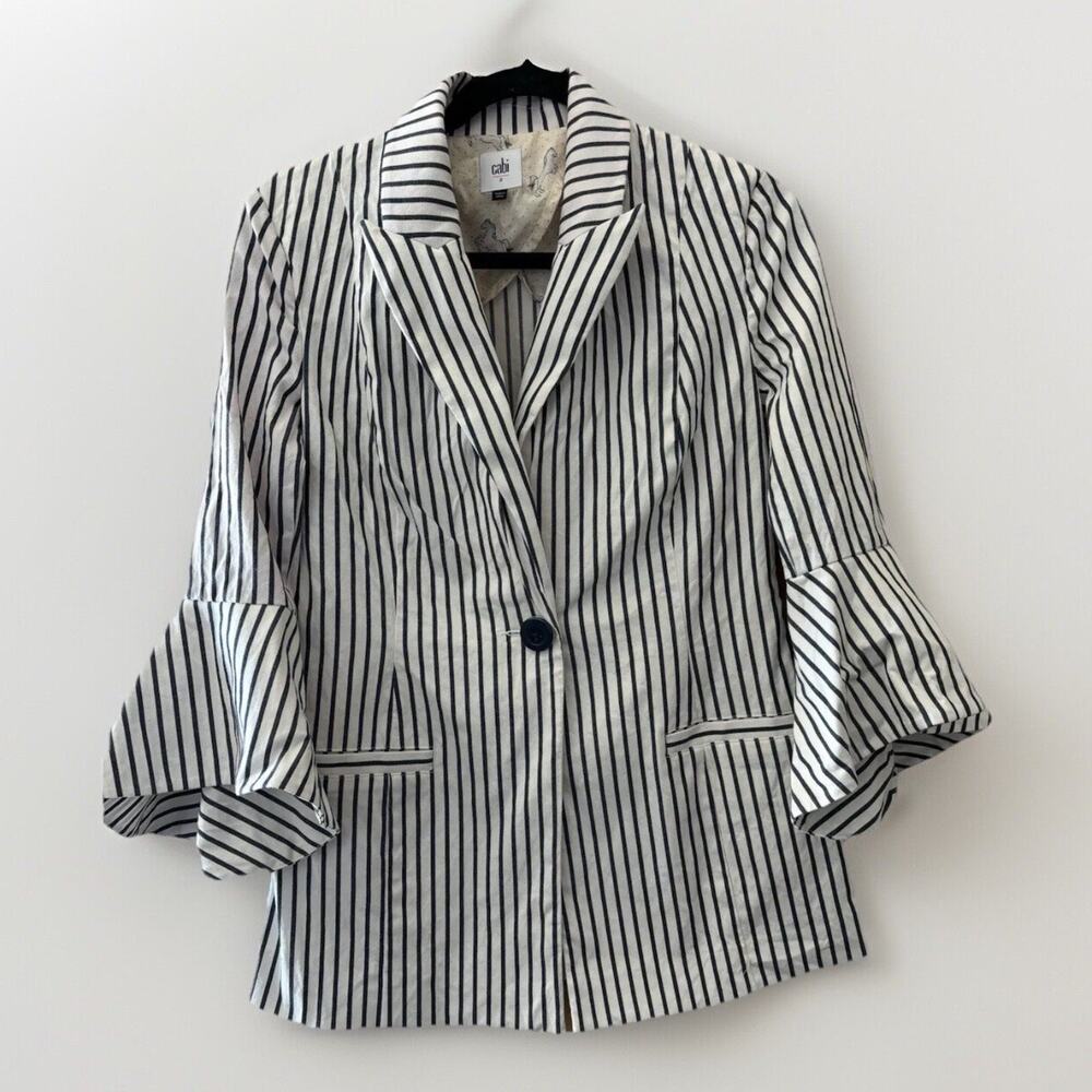 Cabi Women’s Blazer Size 2 Blue White Stipe Flare Sleeves Office Career Wear